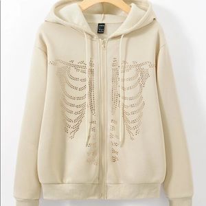 Rhinestone Skeleton Pattern Zip Up Sweater/Jacket Khaki color